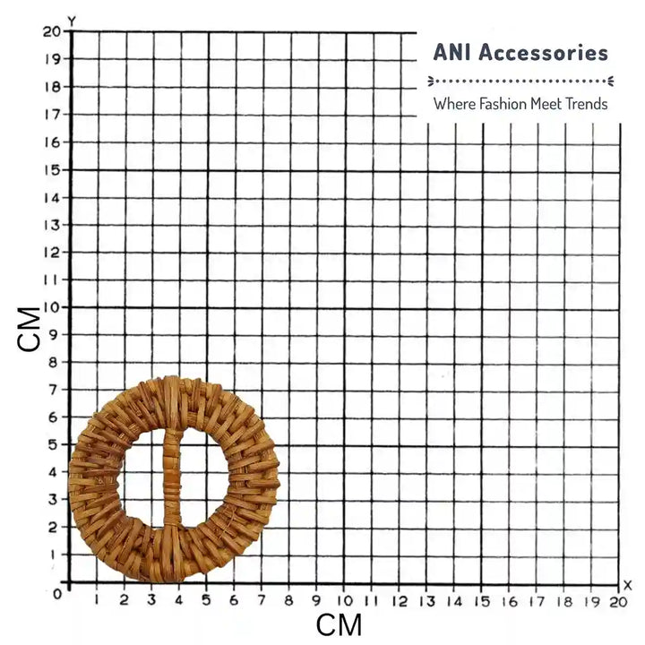 Ani Accessories Small Wooden Brown Crafted Handmade Raffia Buckle placed on size chart bar graph  to show exact size of the exact  Size of the buckle.