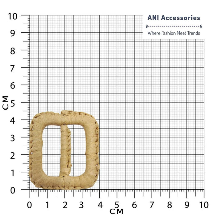 Ani Accessories Square Handmade Raffia Adjustable Buckle placed on a size chart bar graph to represent the exact size of buckle.