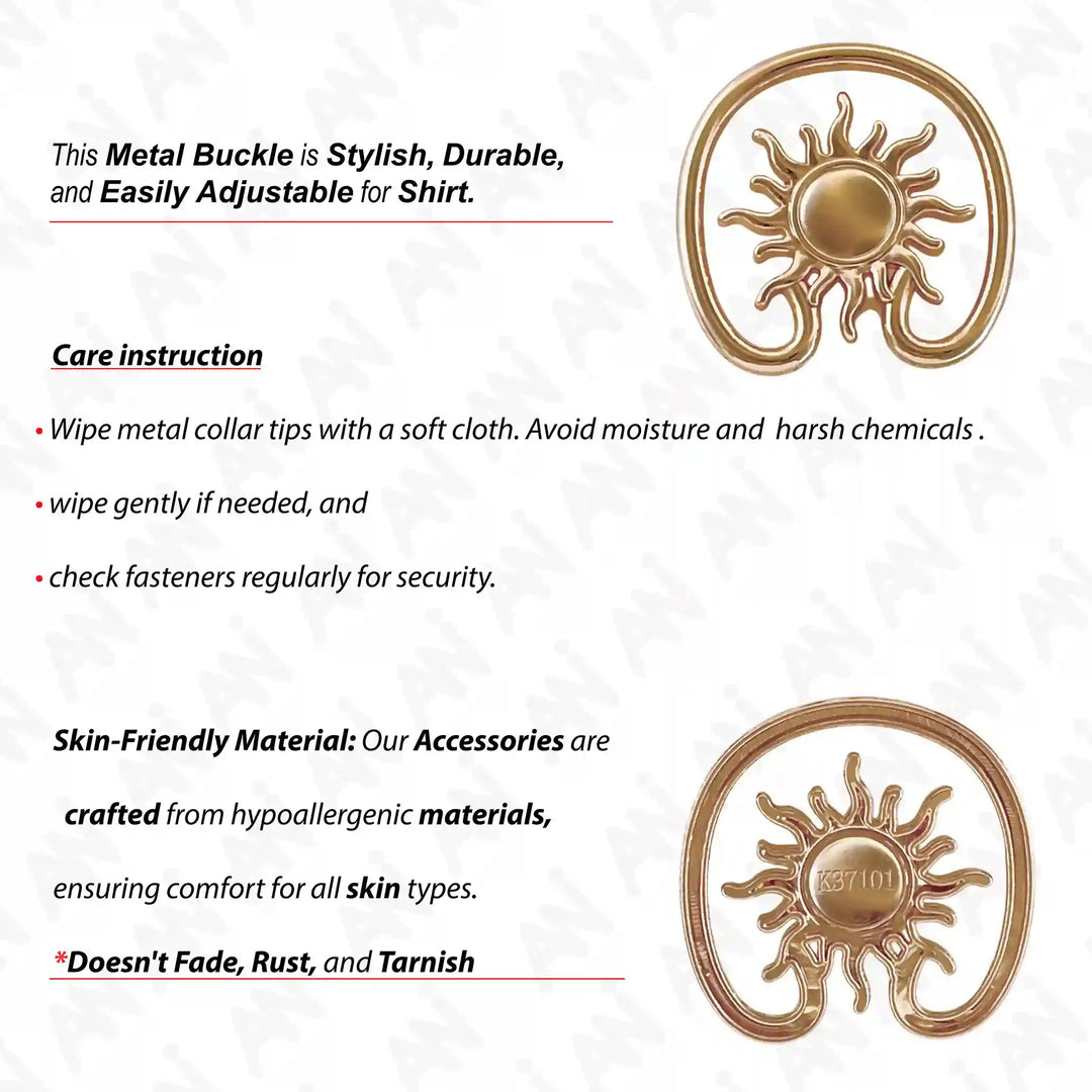 Ani Accessories Sun Spiral Golden metal Buckle with front and back image of the buckle with written care instruction on the white background.