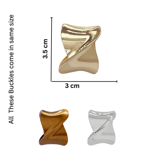 Ani Accessories Twisted Design Gold Metal Buckle with other two color showing the size the of the buckle  with written text of that all buckle comes in the same size in the white background.