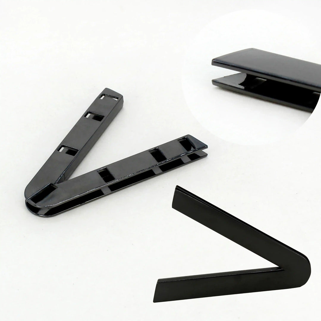  Ani Accessories V-Shaped Elegant Metal Black Buckle backside image with focus on the tip of the buckle in the white background.