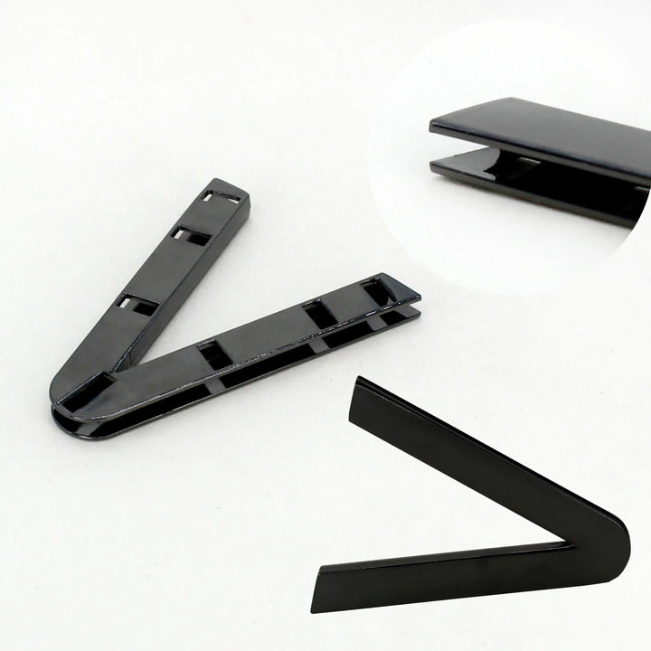  Ani Accessories V-Shaped Elegant Metal Black Buckle backside image with focus on the tip of the buckle in the white background.