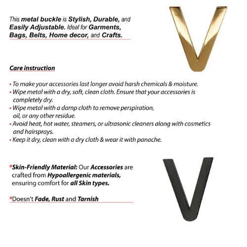 Ani Accessories V-Shaped Elegant Metal Black  & Gold Buckle  infographic of care instruction written   in the white background.