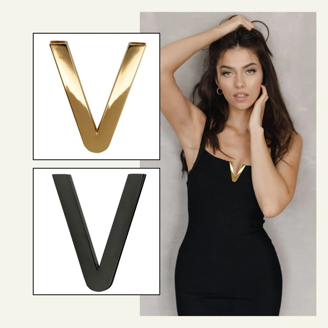  Ani Accessories V-Shaped Elegant Metal Buckle  with  model wear black dress with gold buckle on the neck.