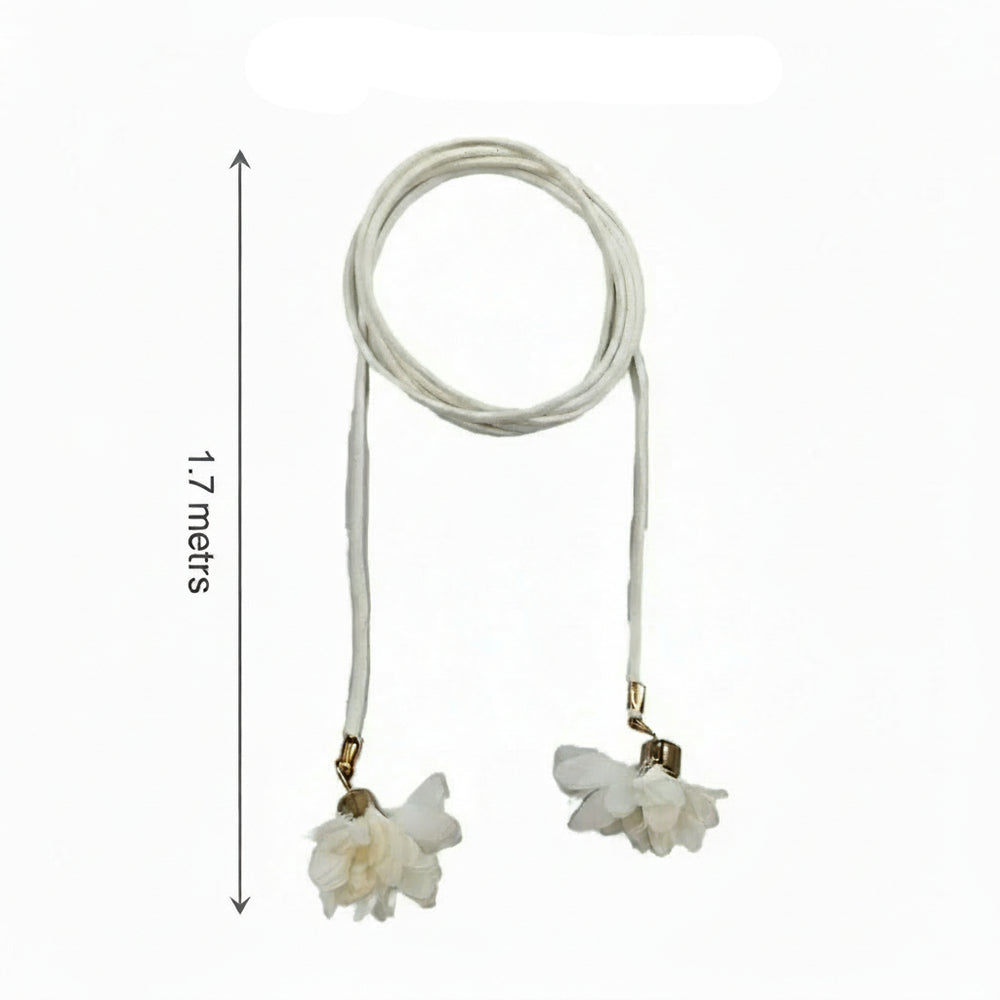Ani Accessories white suede rope-style belt with flower tassels, shown with a 1.7-meter size on a white background.
