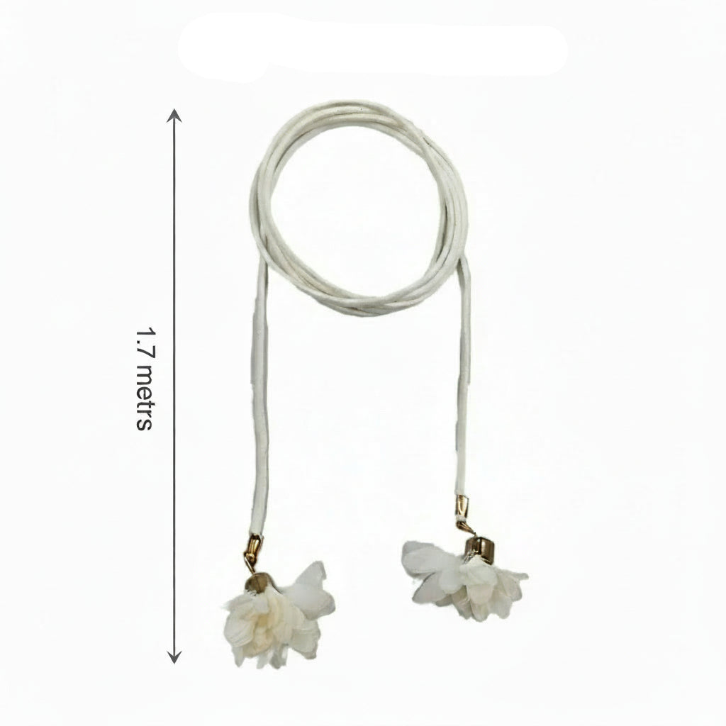Ani Accessories white suede rope-style belt with flower tassels, shown with a 1.7-meter size on a white background.