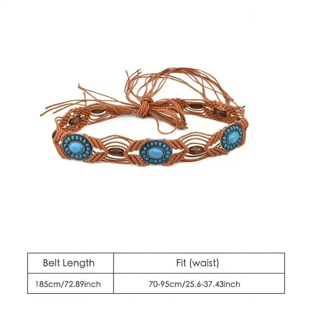 Ani Accessories Womens Belt A close inspection of the woven cord structure, highlighting the small wooden barrel beads that are securely threaded between the broader, intersecting strands of the belt. showing size