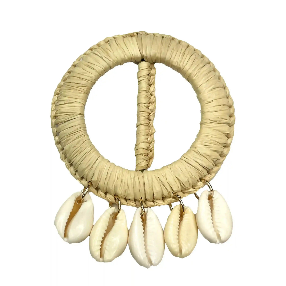 Ani Accessories  Beige Circle Raffia with Hanging 5 Shell  in a Buckle  with white background 