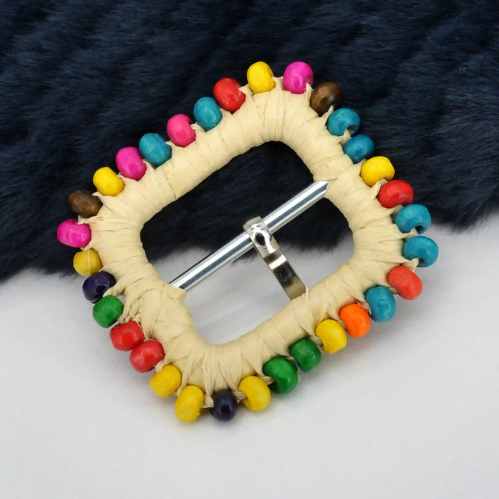 Ani Accessories bead trimmed handmade raffia buckle natural straw woven buckle with beads for belts bags DIY craft
