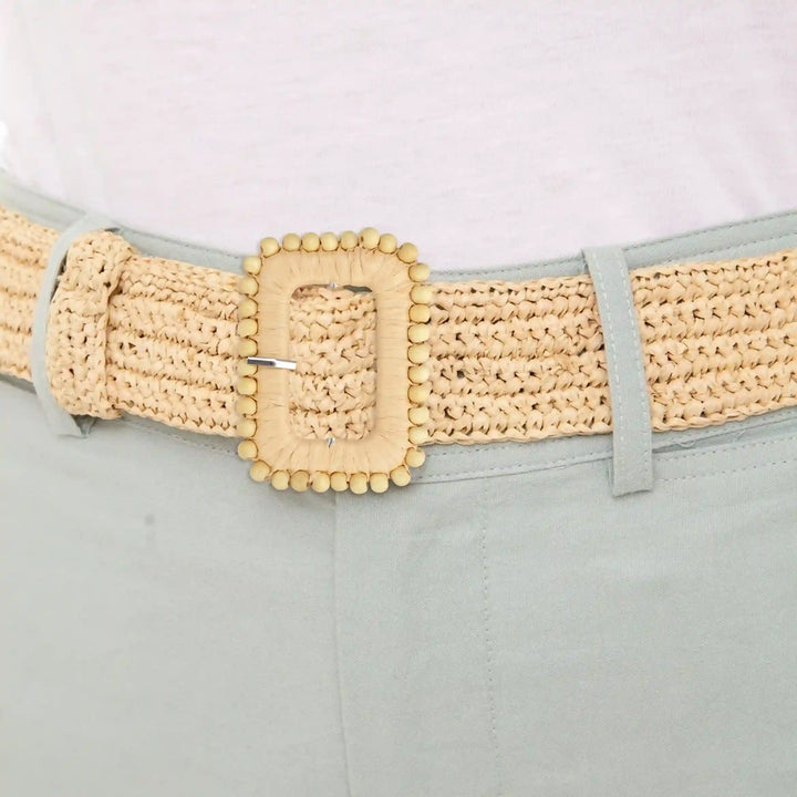 Ani Accessories bead trimmed raffia buckle handmade straw woven buckle with beads for belt bag fashion craft