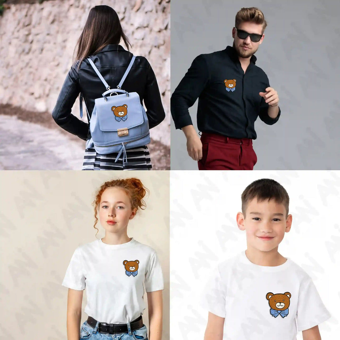 Ani Accessories bear sew patch styled on kids shirt and bag with adorable cuddly bear look