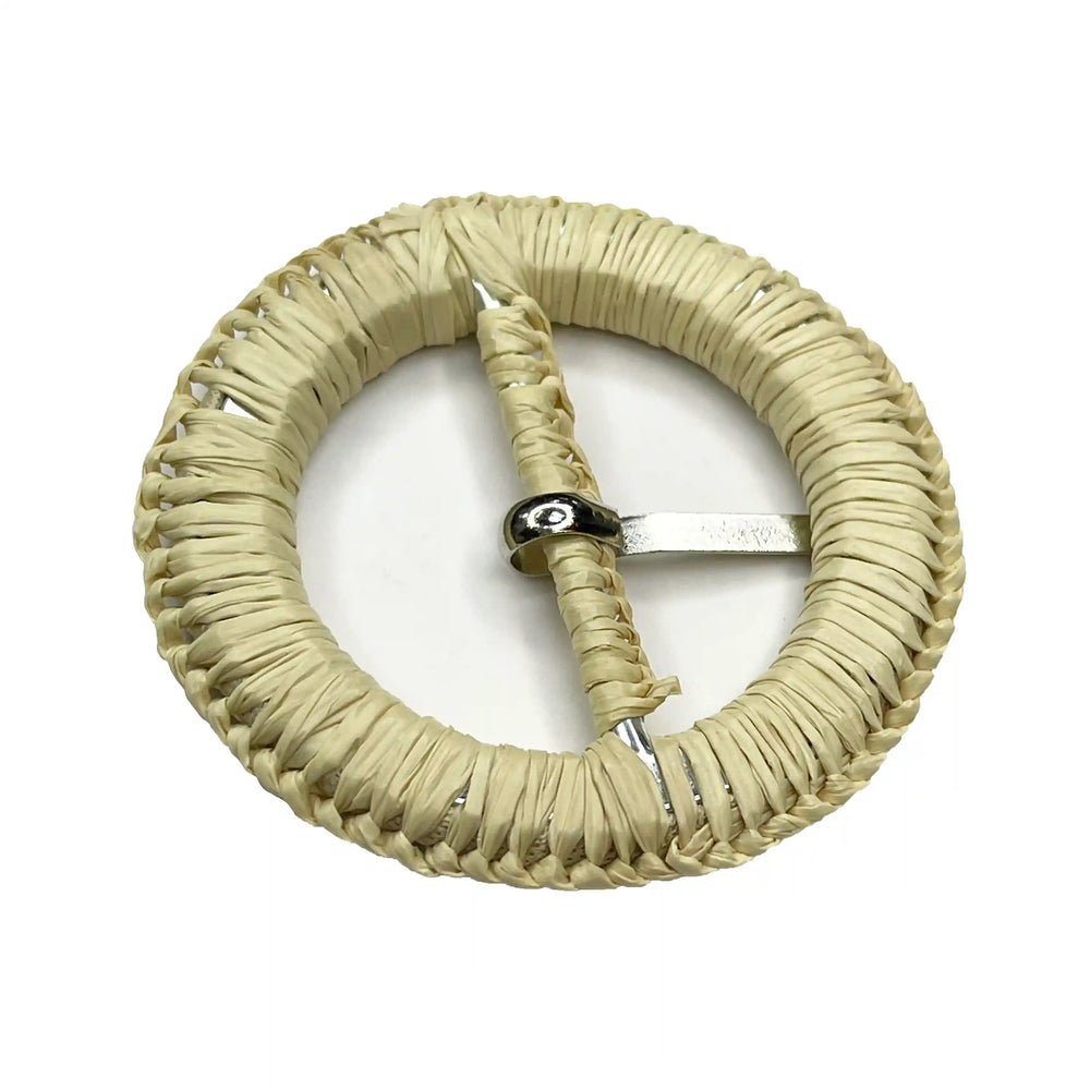 Ani Accessories circle beige raffia braided buckle with prong backside image in a white background.