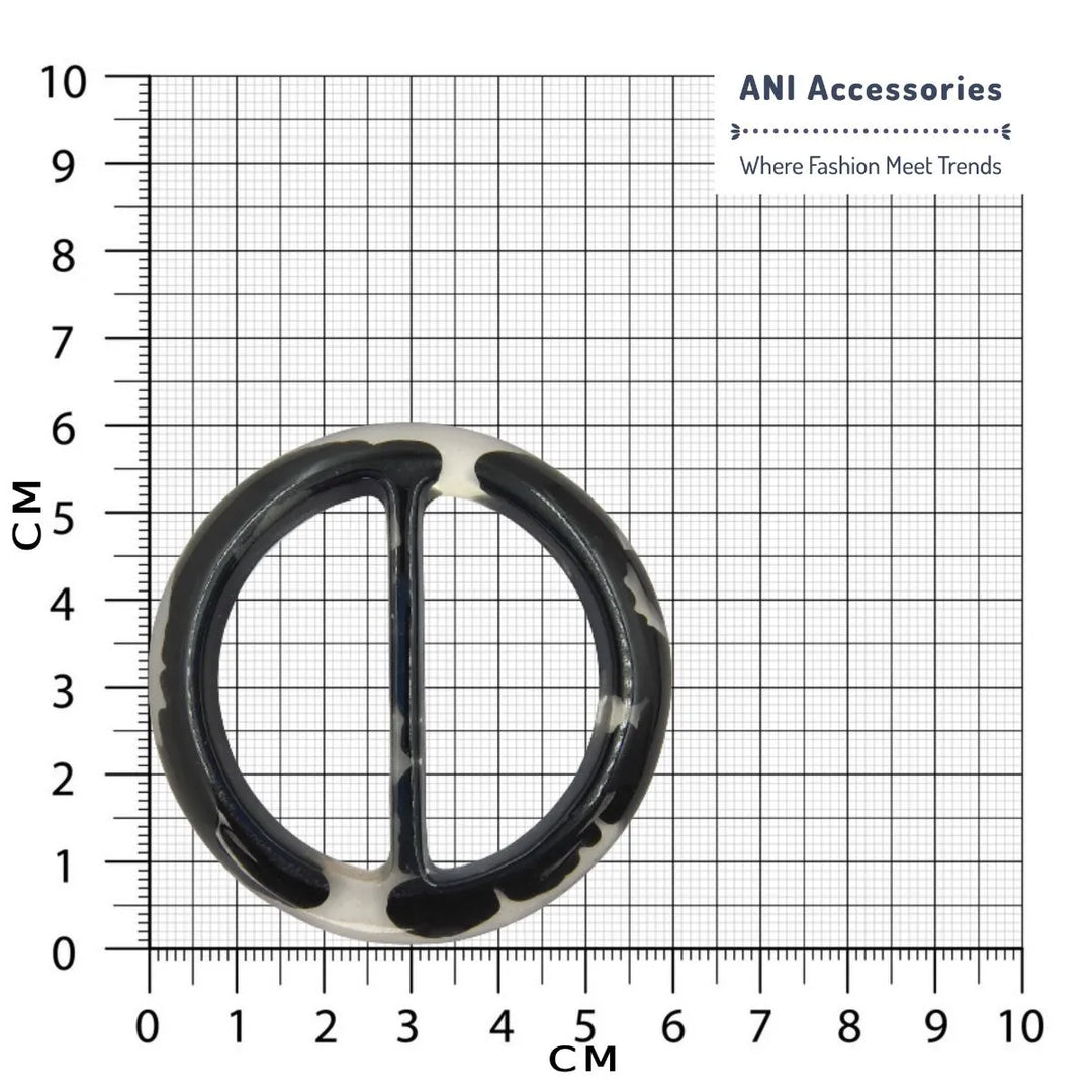 Ani Accessories black horn fluid circle Resin buckle placed in a size chart bar graph.