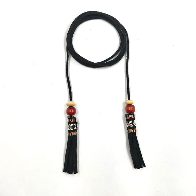 Ani Accessories black suede belt with wooden beads and tassels. A designer women’s waist belt perfect for dresses, jeans, and belted shirt outfits.