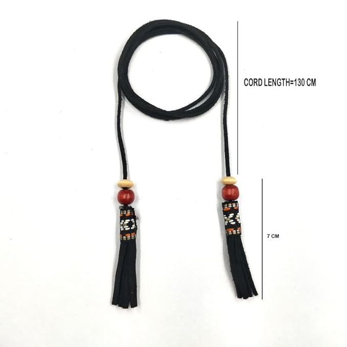 Ani Accessories black suede belt with wooden bead & tassel shown size of suede/ rope belt part  and  tassel part size in a white background.