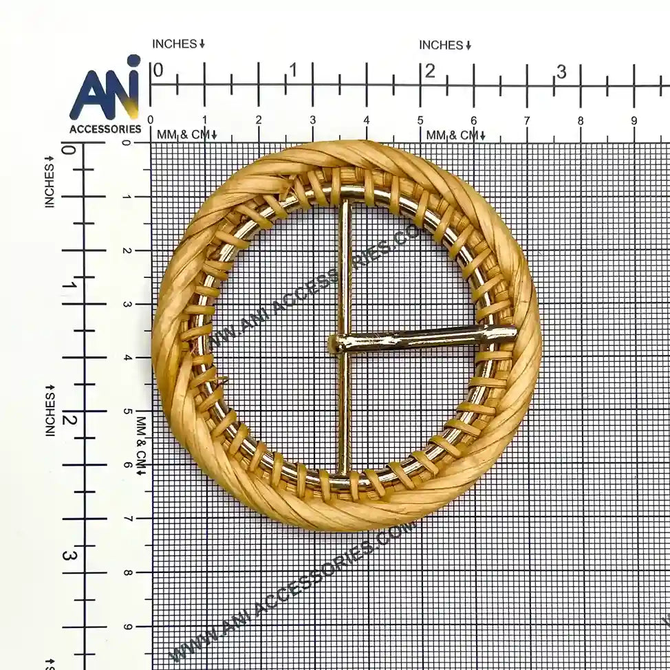 Ani Accessories circle single braided raffia buckle placed on a size bar graph sheet to show exact size of buckle
