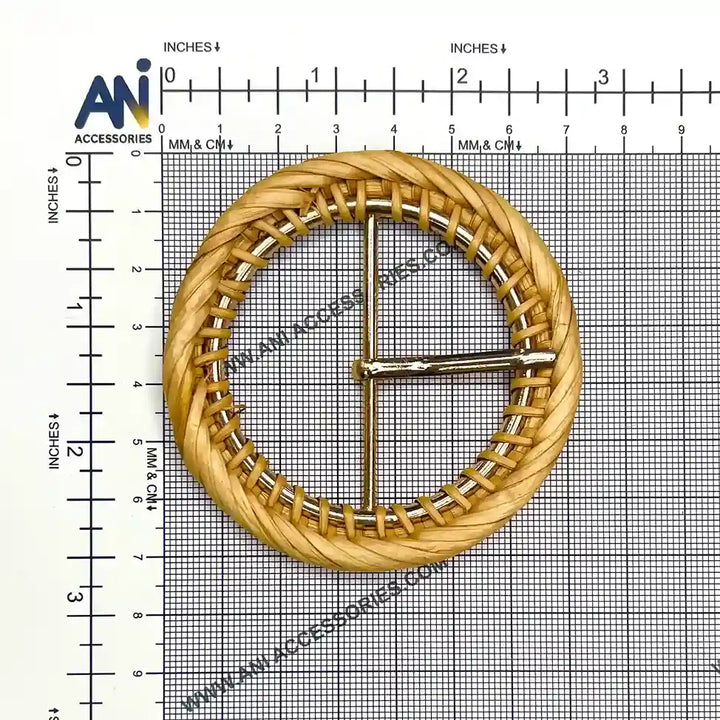 Ani Accessories circle single braided raffia buckle placed on a size bar graph sheet to show exact size of buckle