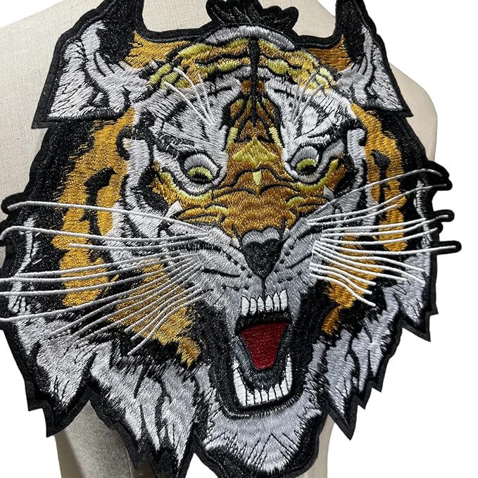Ani Accessories close-up of tiger sew-on patch showing detailed embroidery and stitching