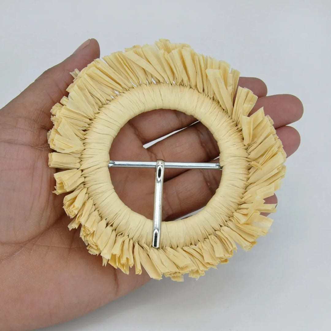Ani Accessories cream fringed raffia round buckle 4.1 inch straw woven buckle for belts bags DIY craft decor