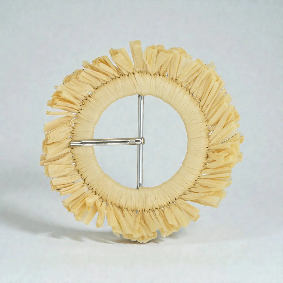 Ani Accessories cream raffia fringed round buckle 4.1 inch straw woven buckle for belts bags boho DIY craft decor