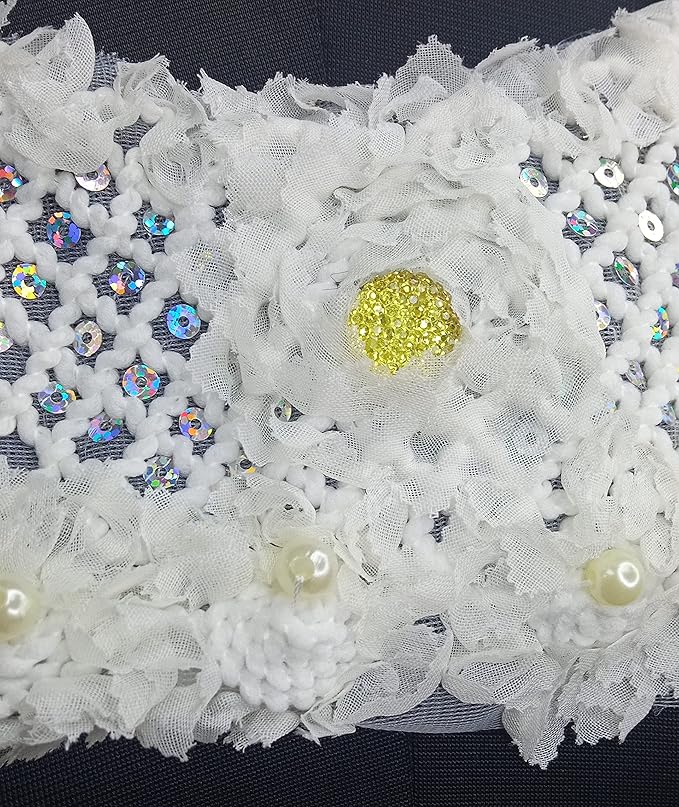 Ani Accessories cross design neckline with multicolor sequins, pearl accents and yellow stone detailing