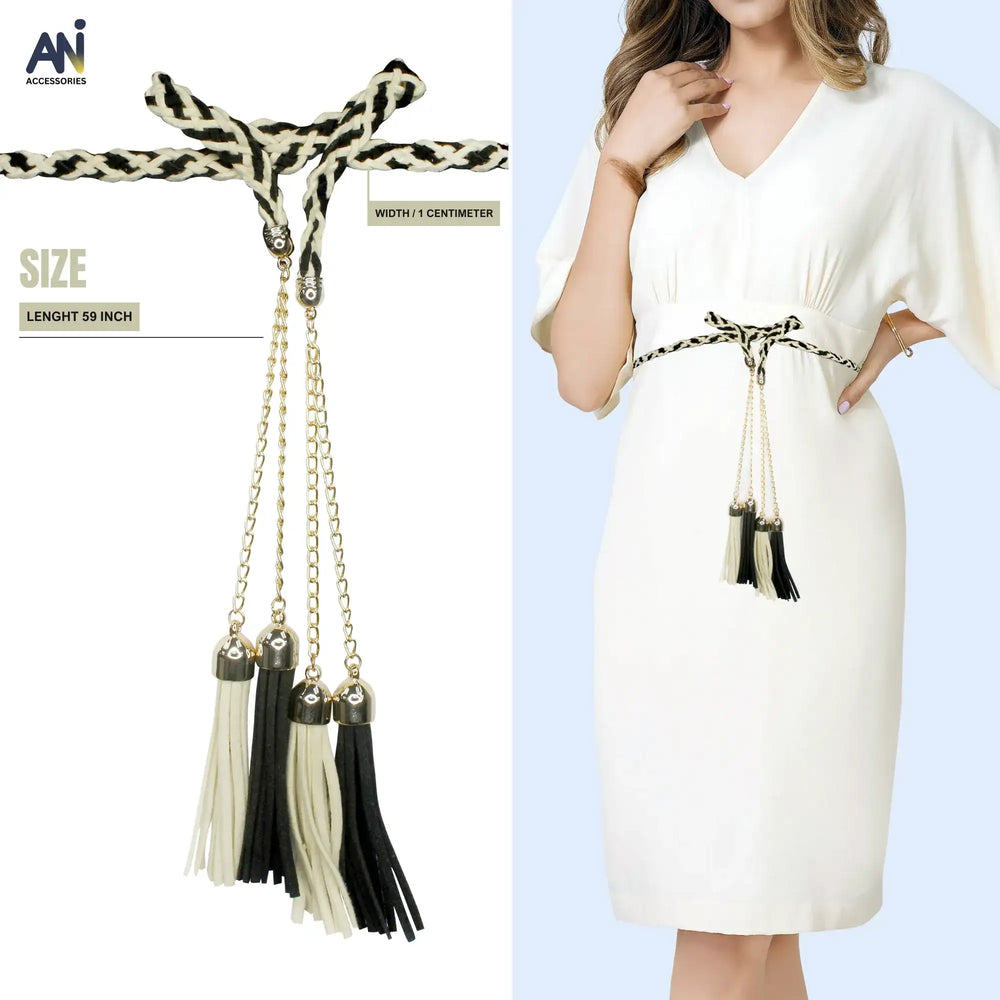Ani accessories women belt -  women wearing rope belt style waist belt. Perfect to used as adjustable belt for dress, jeans, skirt & more with shown size of belt in a white background.