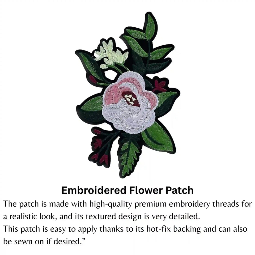 Ani Accessories flower patch infographic view showing design details for women jackets shirts denim jeans bags and DIY clothing projects