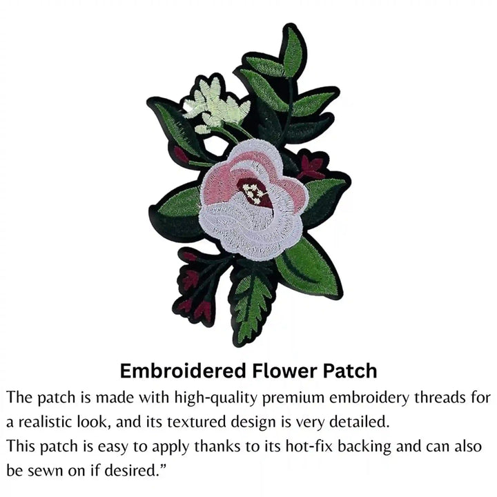 Ani Accessories flower patch infographic view showing design details for women jackets shirts denim jeans bags and DIY clothing projects