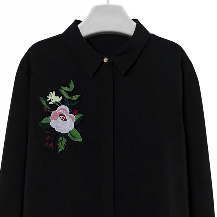 Ani Accessories flower patch shown on model on shirt for women jackets shirts denim jeans bags and DIY clothing projects