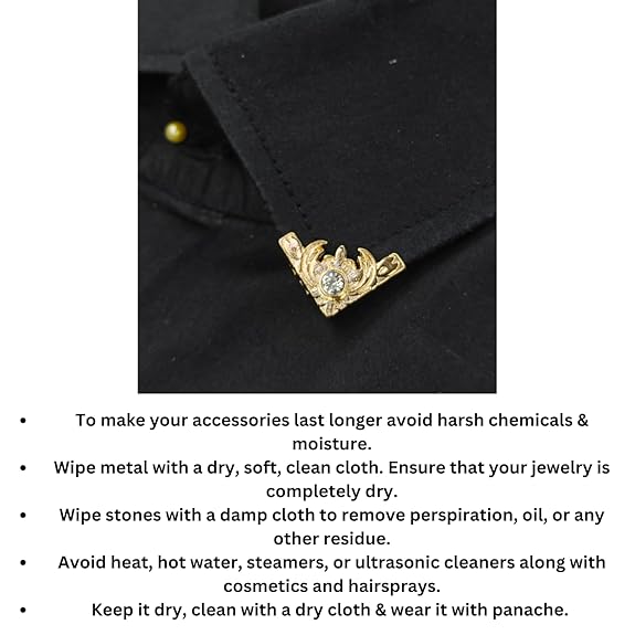 Ani Accessories| information of how to take care of intricate Rhine stone  golden collar tip of the shirt.