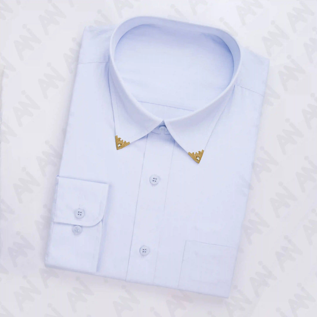 Ani Accessories | gold intricate with Rhinestone collar tip on folded white shirt collar.