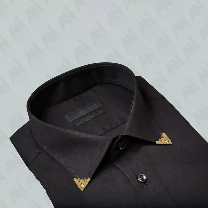 Ani Accessories |  Gold intricate with rhinestone collar tip on black folded shirt 