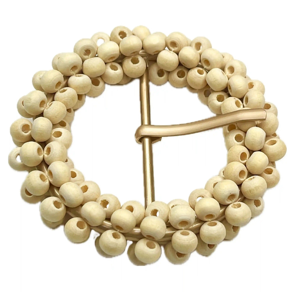 Ani Accessories zooming image   of gold prong with wooden cream bead  buckle on white background 