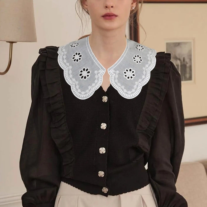Ani Accessories handcrafted point de gaze Peterpan style collar with elegant detailing for sewing projects on model 