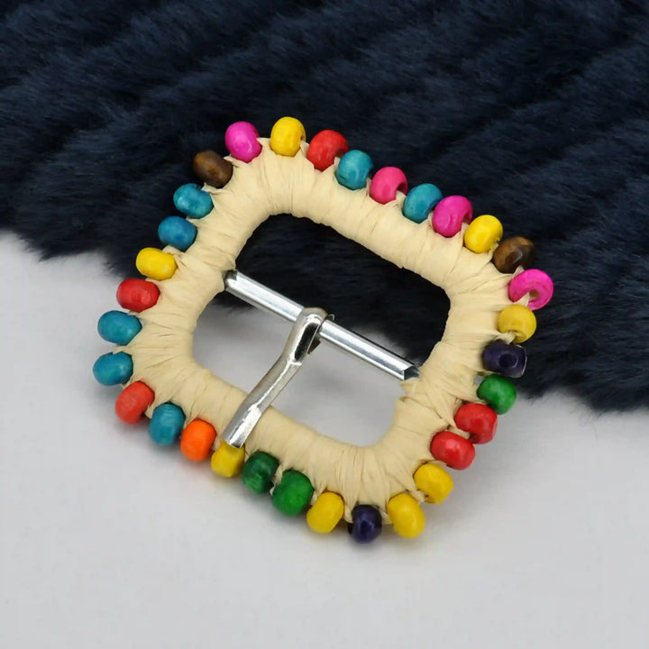 Ani Accessories handmade raffia buckle bead trimmed woven straw buckle for belts bags boho DIY craft decor