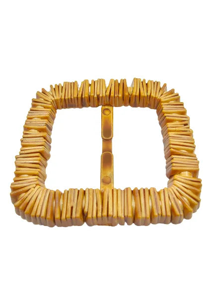 Ani Accessories imitation raffia square buckle with stacked strip texture Flat angle to show the details of the buckle.