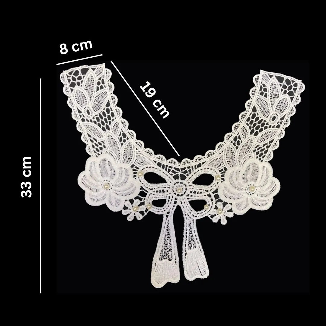 Ani Accessories large bow and flower design neckline size view highlighting overall shape, proportions and embroidery layout, dyeable applique