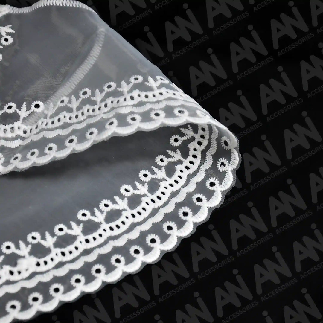 Ani Accessories net neck collar close up shoot with floral border for garment embellishment and custom tailoring use.