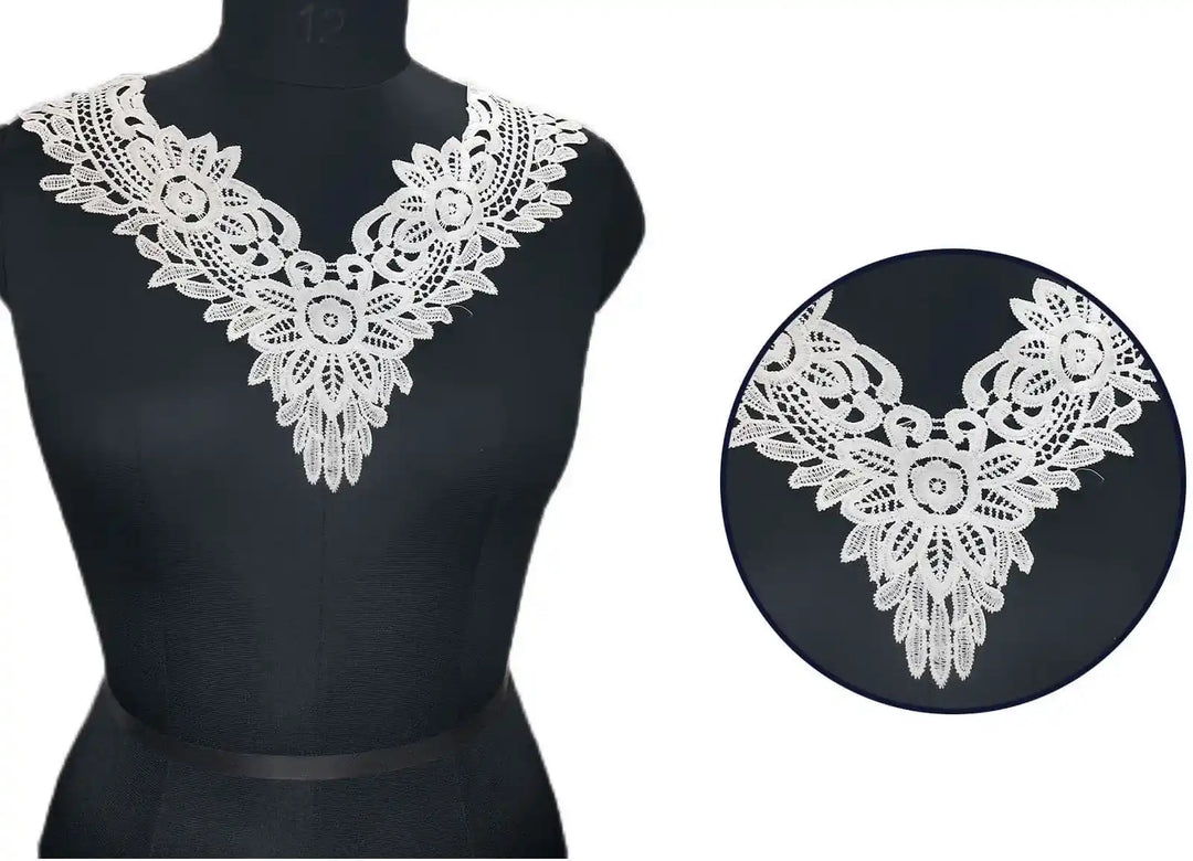 Ani Accessories premium V-shaped floral white lace neckline for bridal, festive, and designer garments
