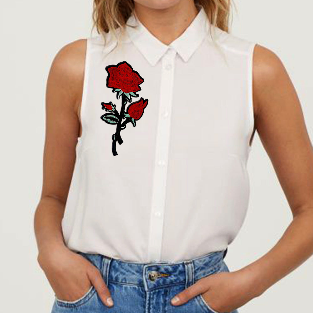 Ani Accessories rose sew flower patch shown on model for women jackets shirts denim jeans bags and DIY clothing projects
