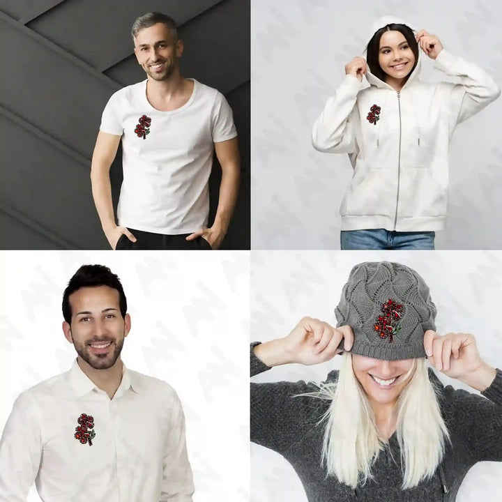 Ani Accessories sew flower patch styled on model for jackets shirts denim jeans caps bags and DIY clothing fashion look