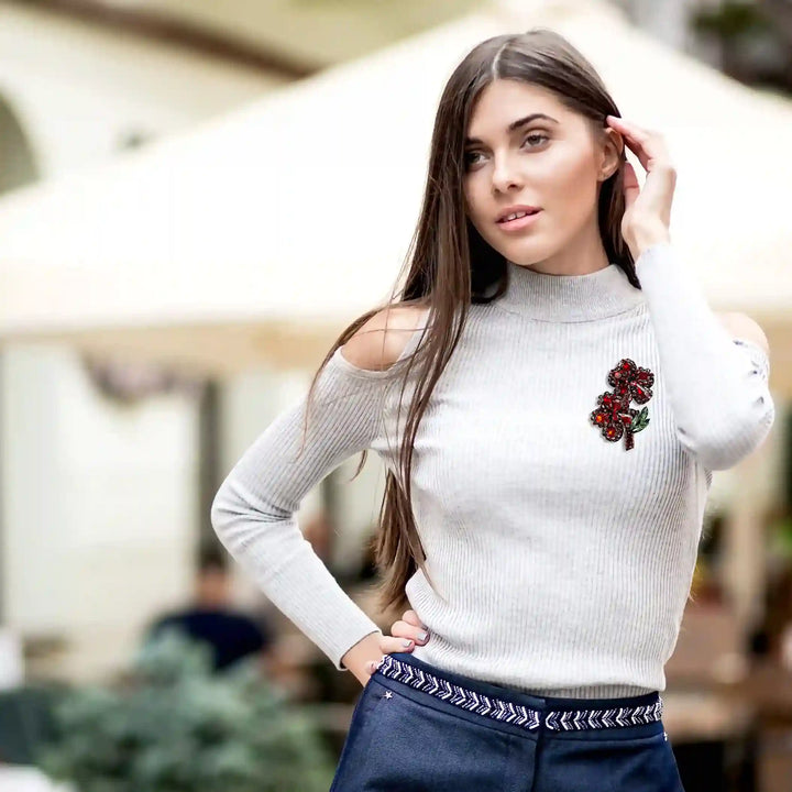 Ani Accessories sew flower patch worn on model for stylish jackets denim jeans and creative clothing projects