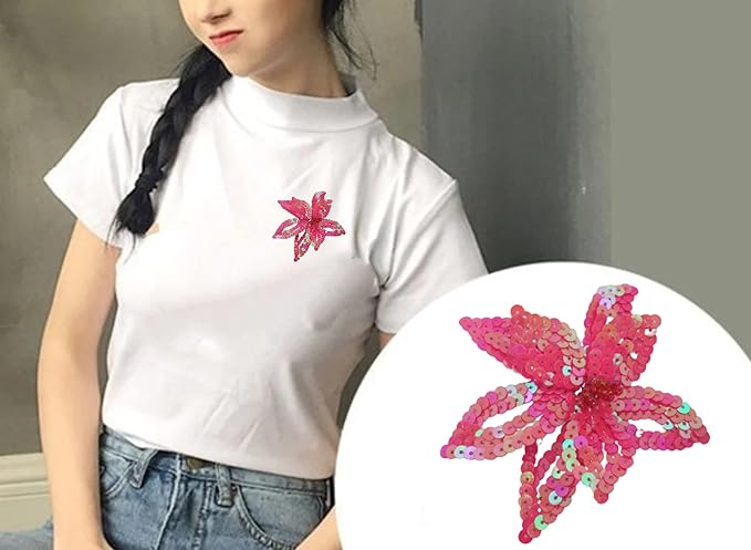 Ani Accessories sew flower sequins patch shown on model for jackets shirts denim jeans bags and DIY clothing projects with sparkling floral design