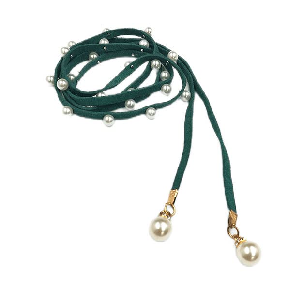 Ani Accessories Suede belt with decorative pearl with pearl tassels. These pearl style suede belt for women is perfect for styling with adjustable belt for jeans, dress & belted shirt dress.