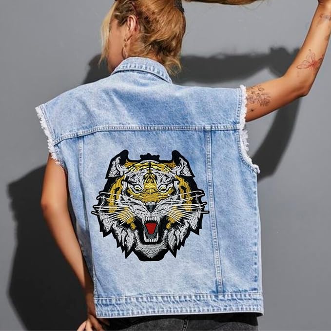 Ani Accessories tiger sew-on patch styled on model outfit, embroidered animal applique detail
