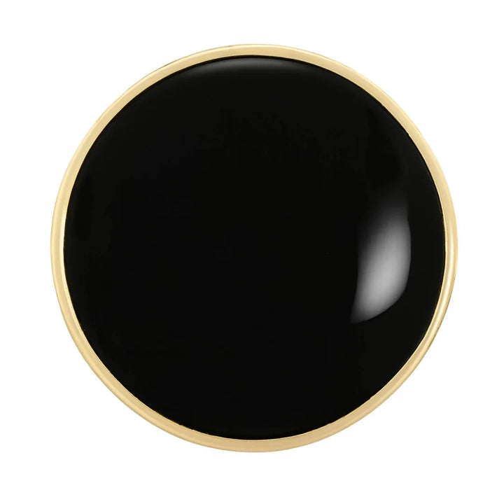 ANI Accessories black resin gold rim metal button in 28mm, full-frame close-up of the high-gloss black face and polished gold rim