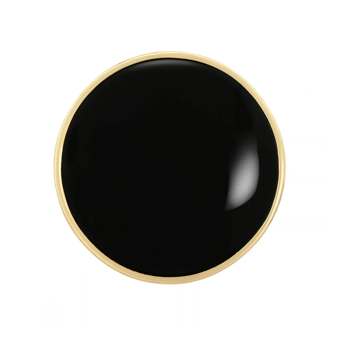 ANI Accessories black resin gold rim metal button in [23]mm, close front view of the high-gloss face and polished gold rim