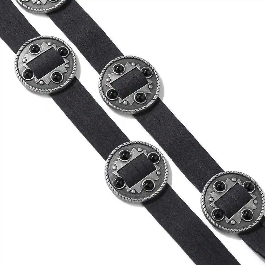 Ani accessories zooming black suede belt with decorative metal coin. A perfect womens boho belt for dresses, jeans & more.