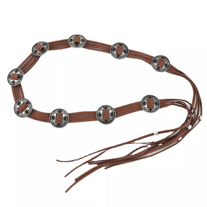 Ani Accessories women’s waist belt crafted from brown suede and adorned with bohemian metal coin accents, shown on a white background.