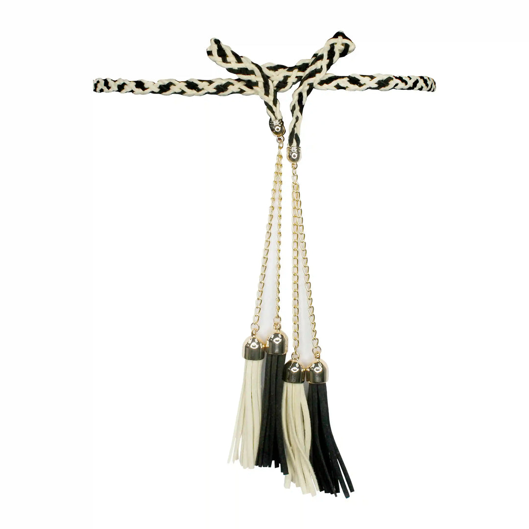 Ani Accessories women's belt shown on a white background. This waist belt features a braided design with hanging tassels.
